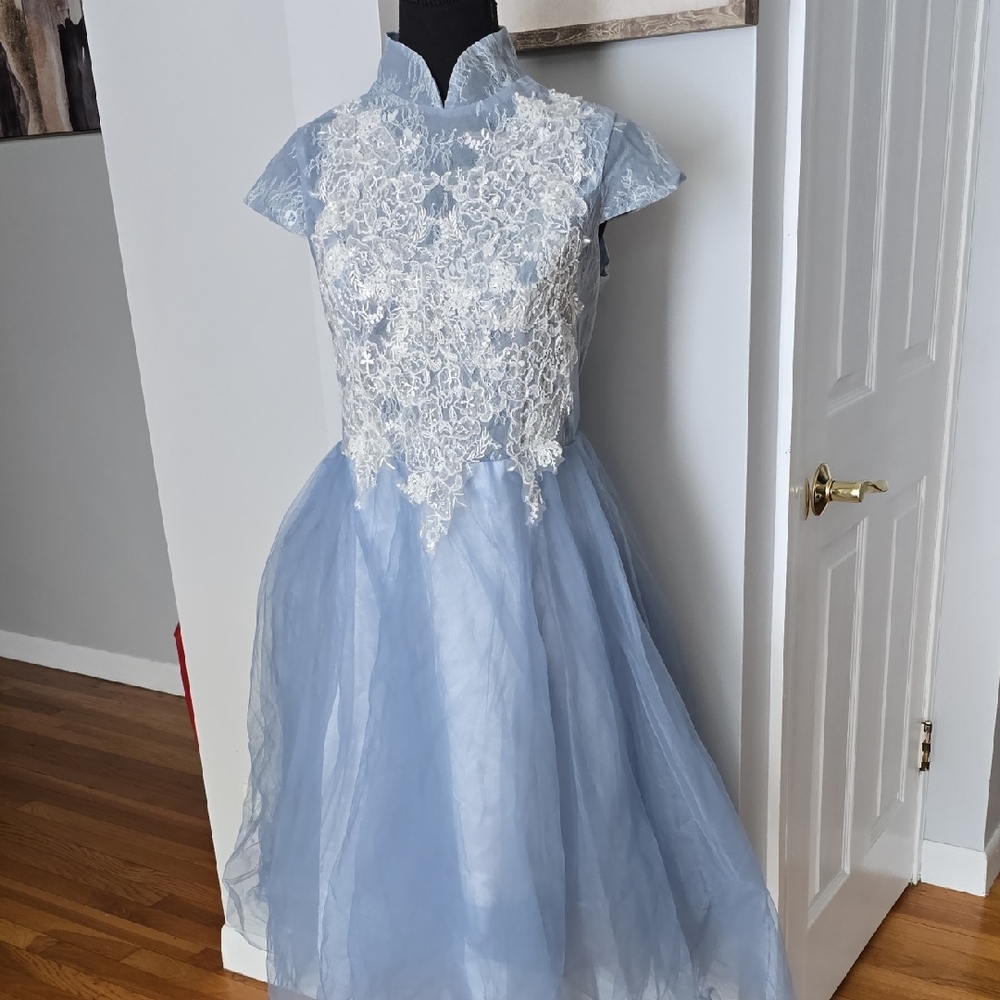 Elegant Blue and White Lace Kids Dress